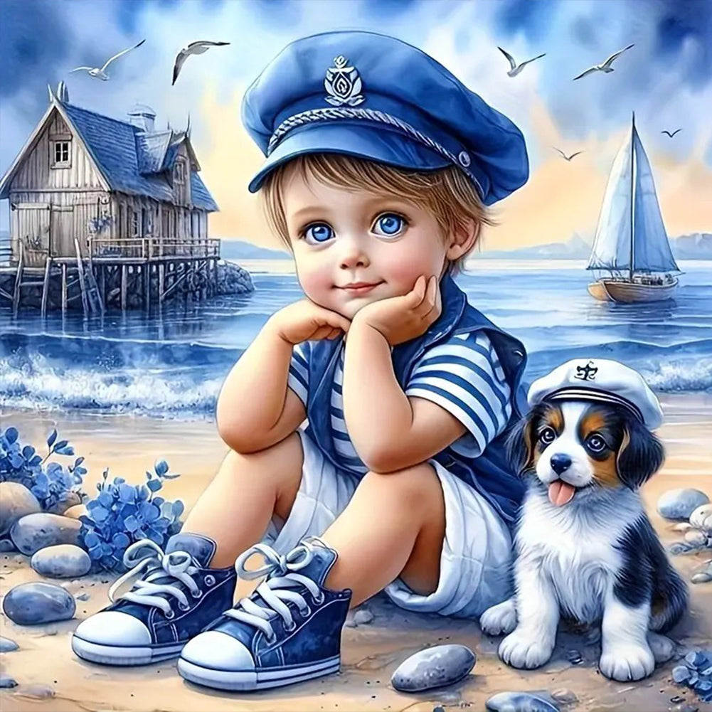 Little Boy And Dog At The Beach 40*40CM (canvas) Full Round Drill Diamond Painting