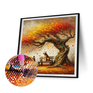 Dog And Family Under The Big Tree In Autumn 40*40CM (canvas) Full Round Drill Diamond Painting