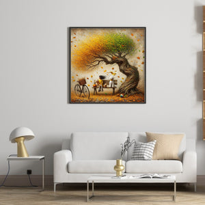 Dog And Family Under The Big Tree In Autumn 40*40CM (canvas) Full Round Drill Diamond Painting