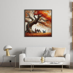 Dog And Family Under The Big Tree In Autumn 40*40CM (canvas) Full Round Drill Diamond Painting