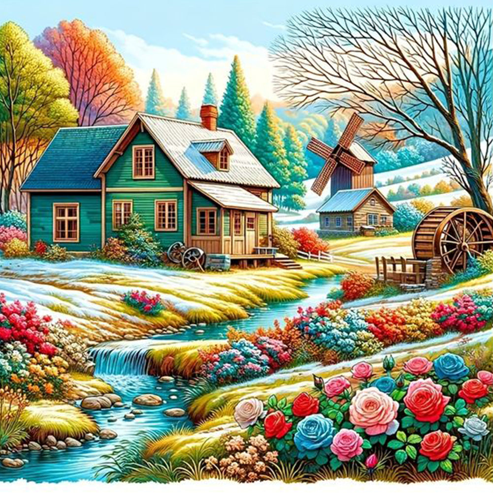 River Flowers House 40*40CM (canvas) Full Round Drill Diamond Painting