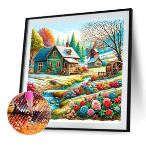 River Flowers House 40*40CM (canvas) Full Round Drill Diamond Painting