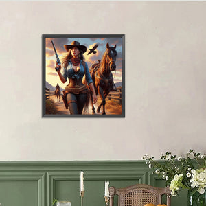 Cowboy Cool Girl And Horse 40*40CM (canvas) Full Round Drill Diamond Painting