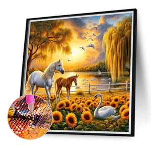 Horse In Sunflower Field 40*40CM (canvas) Full Round Drill Diamond Painting