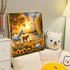 Horse In Sunflower Field 40*40CM (canvas) Full Round Drill Diamond Painting