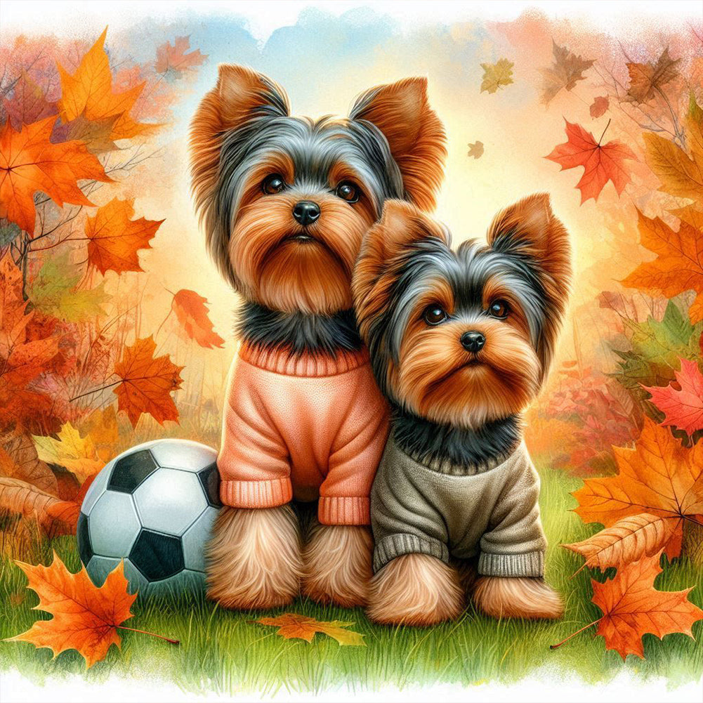 Yorkshire Terrier Dog In Autumn 40*40CM (canvas) Full Round Drill Diamond Painting