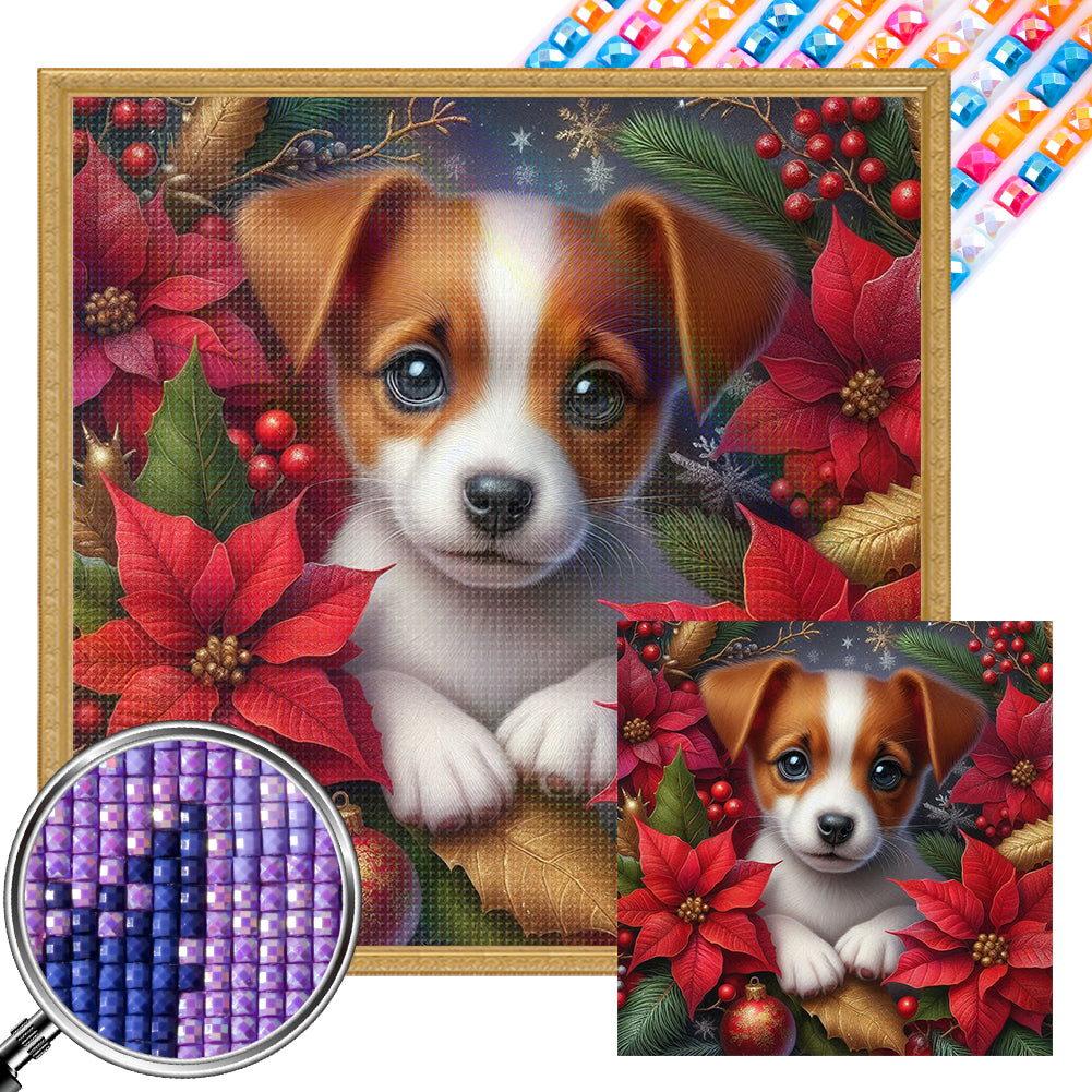 Christmas Poinsettia Dog 40*40CM (canvas) Full AB Square Drill Diamond Painting