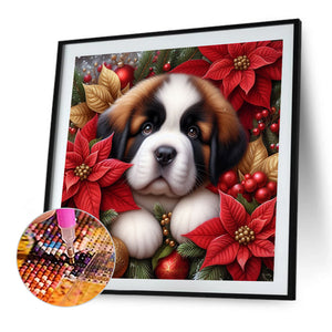 Christmas Poinsettia Dog 40*40CM (canvas) Full AB Square Drill Diamond Painting