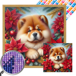 Christmas Poinsettia Dog 40*40CM (canvas) Full AB Square Drill Diamond Painting