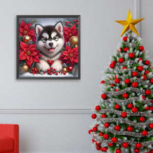 Christmas Poinsettia Dog 40*40CM (canvas) Full AB Square Drill Diamond Painting