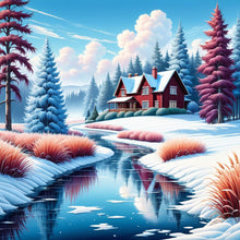 Load image into Gallery viewer, Small House In The Snow By The River 30*30CM (canvas) Full Round Drill Diamond Painting
