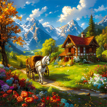 Load image into Gallery viewer, Snow Melting Mountain White Horse House Flowers 30*30CM (canvas) Full Round Drill Diamond Painting
