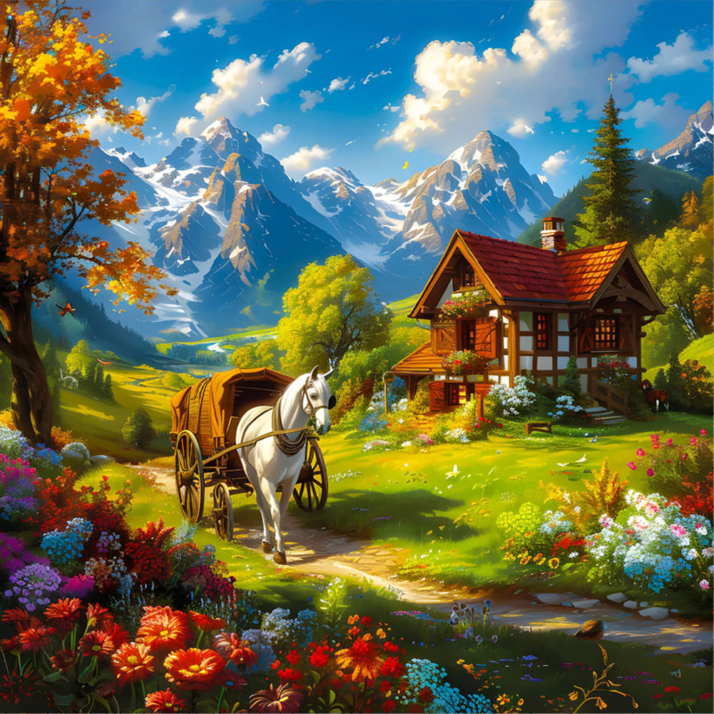 Snow Melting Mountain White Horse House Flowers 30*30CM (canvas) Full Round Drill Diamond Painting