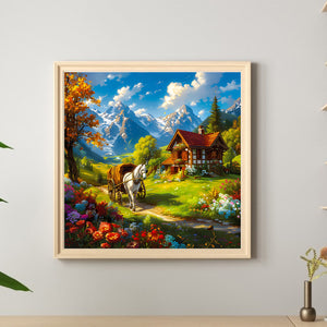 Snow Melting Mountain White Horse House Flowers 30*30CM (canvas) Full Round Drill Diamond Painting