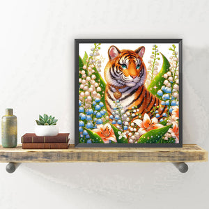 Tiger And Flowers 30*30CM (canvas) Full Round Drill Diamond Painting