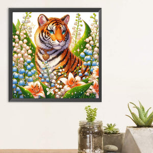 Tiger And Flowers 30*30CM (canvas) Full Round Drill Diamond Painting