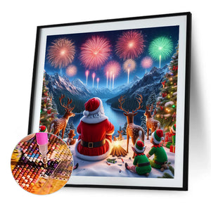 Santa Claus And Elk Watching Fireworks 40*40CM (canvas) Full Round Drill Diamond Painting