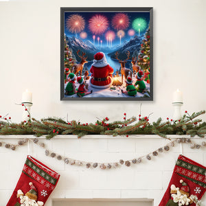 Santa Claus And Elk Watching Fireworks 40*40CM (canvas) Full Round Drill Diamond Painting