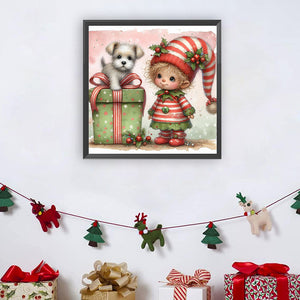 Christmas Girl And Dog 30*30CM (canvas) Full Round Drill Diamond Painting