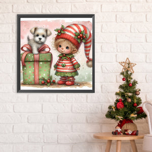 Christmas Girl And Dog 30*30CM (canvas) Full Round Drill Diamond Painting