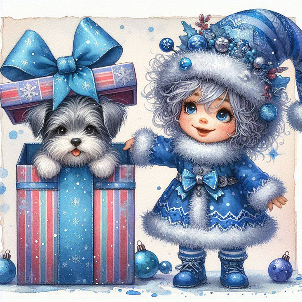 Christmas White-Haired Girl And Dog 30*30CM (canvas) Full Round Drill Diamond Painting