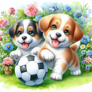 Two Dogs Playing Football In The Grass 30*30CM (canvas) Full Round Drill Diamond Painting