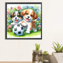 Load image into Gallery viewer, Two Dogs Playing Football In The Grass 30*30CM (canvas) Full Round Drill Diamond Painting
