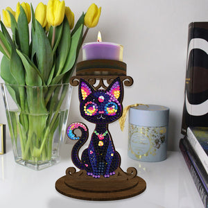 Animal Desktop 5D DIY Diamond Painting Art Candle Holder Home Decor (Black Cat)