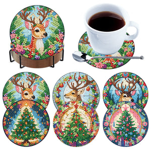 6Pcs Wooden Christmas Tree And Elk DIY Diamond Painting Coaster for Dining Table