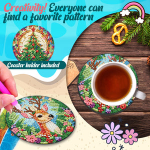 6Pcs Wooden Christmas Tree And Elk DIY Diamond Painting Coaster for Dining Table