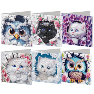 6Pcs Owl Cat DIY Diamond Painting Greeting Card for Holiday Party Favors