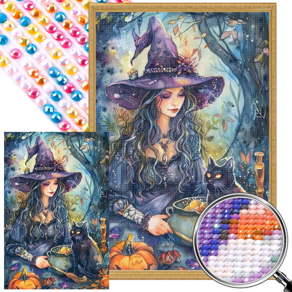 Witch And Black Cat 40*60CM (canvas) Full AB Round Drill Diamond Painting