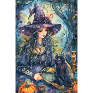 Witch And Black Cat 40*60CM (canvas) Full AB Round Drill Diamond Painting