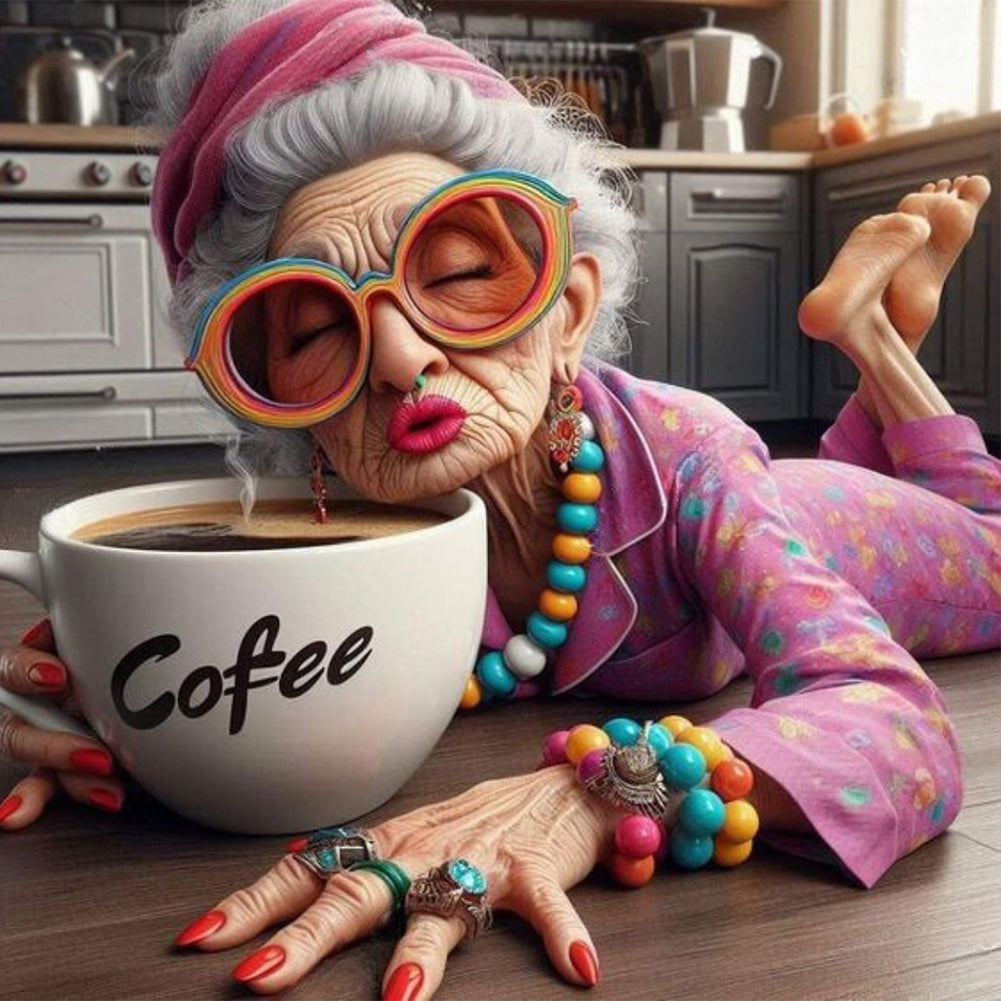 Coffee Happy Grandma 40*40CM (canvas) Full Round Drill Diamond Painting