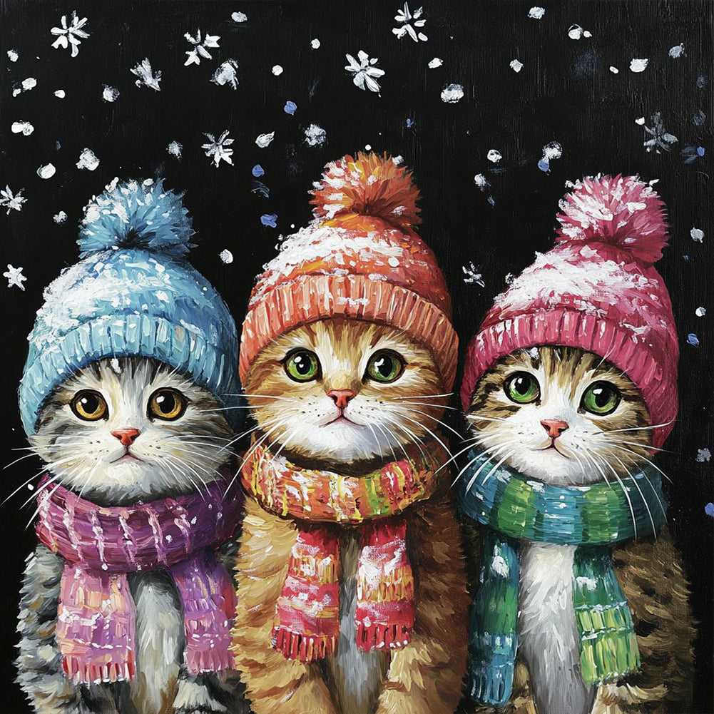 Three Cats In Winter 30*30CM (canvas) Full Round Drill Diamond Painting