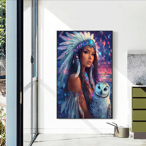 Indian Woman White Owl 40*60CM (canvas) Full Round Drill Diamond Painting