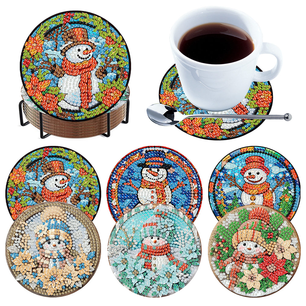 6Pcs Wooden Snowman Diamond Painting Coasters with Holder for Adults Beginners