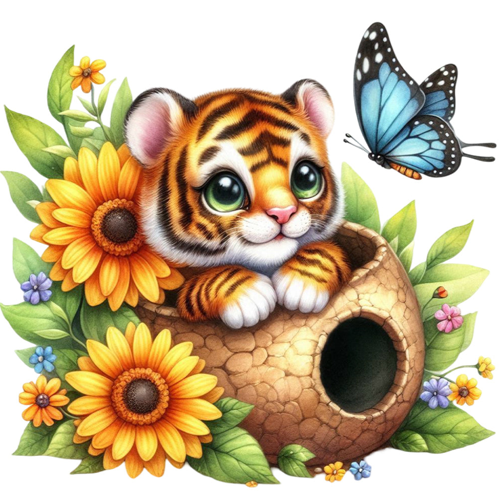 Tiger And Flowers 30*30CM (canvas) Full Round Drill Diamond Painting