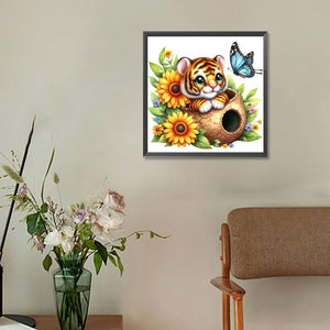 Tiger And Flowers 30*30CM (canvas) Full Round Drill Diamond Painting