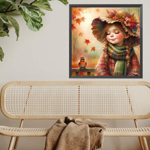 Little Girl With Falling Autumn Leaves 40*40CM (canvas) Full Square Drill Diamond Painting