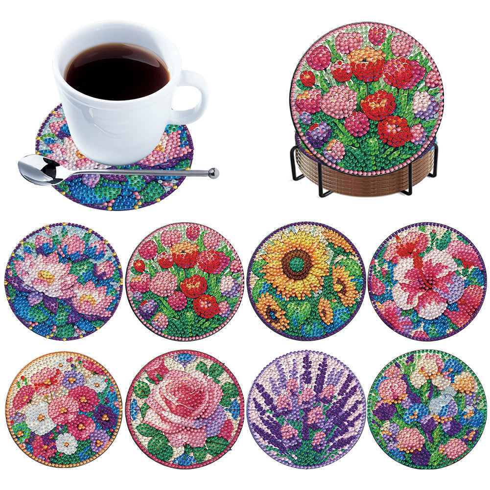 8Pcs Acrylic Flowers 5D Diamond Painting Coasters for Adults Beginners