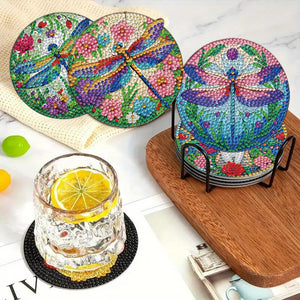 8Pcs Wooden Dragonfly 5D Diamond Painting Coasters Kit for Adults Beginners