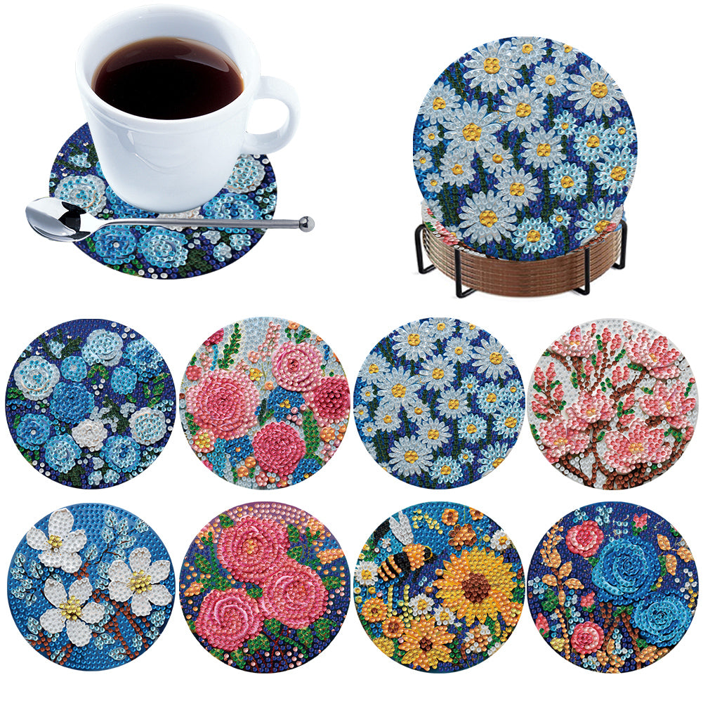 8Pcs Wooden Flowers 5D Diamond Painting Coasters Kit for Adults Beginners