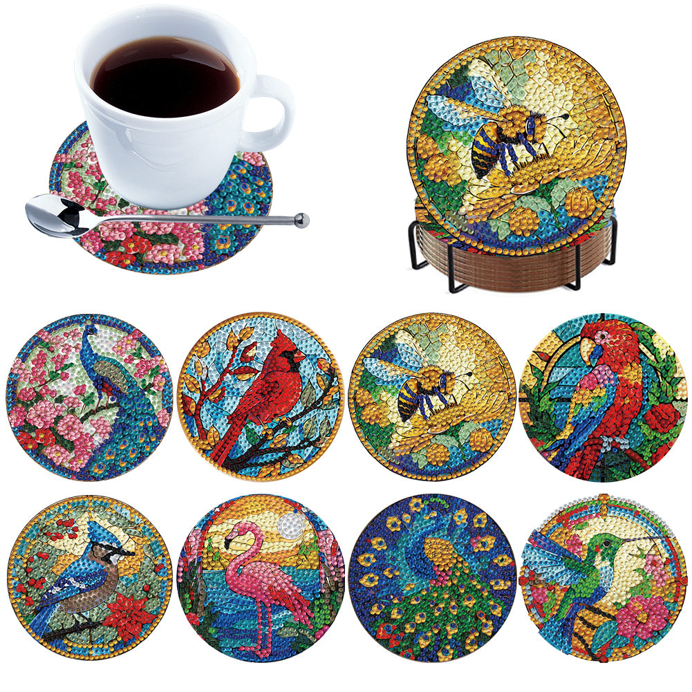 8Pcs Wooden Animals Flowers 5D Diamond Painting Coasters for Adults Beginners