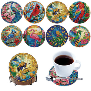 8Pcs Wooden Animals Flowers 5D Diamond Painting Coasters for Adults Beginners