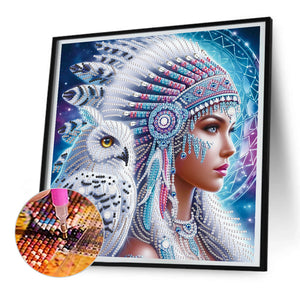 Indian Woman And White Owl 30*30CM (canvas) Partial Special-Shaped Drill Diamond Painting