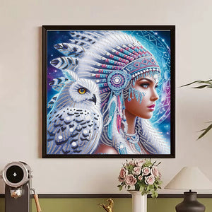 Indian Woman And White Owl 30*30CM (canvas) Partial Special-Shaped Drill Diamond Painting