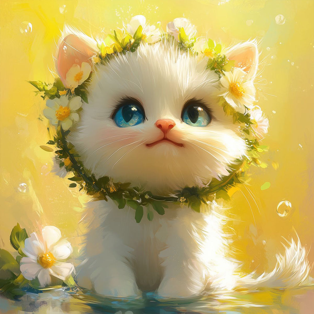 White Cat With Wreath 40*40CM (canvas) Full Round Drill Diamond Painting