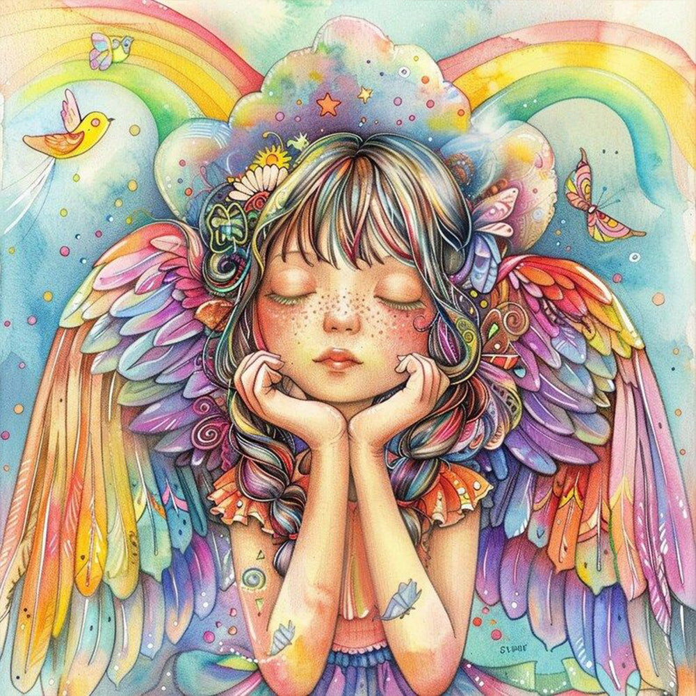 Colorful Feather Rainbow Angel Girl 30*30CM (canvas) Full Round Drill Diamond Painting