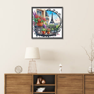 The Garden Balcony With A View Of The Eiffel Tower 30*30CM (canvas) Partial Special-Shaped Drill Diamond Painting